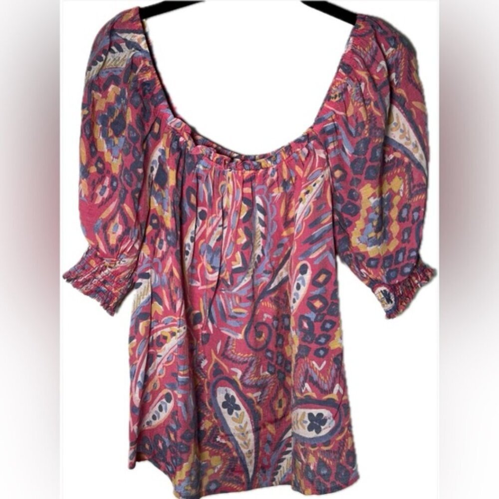 NWT ZAC & RACHEL Off Shoulder 3/4 Ruched Sleeve Scoop Neck Paisley‎ Blouse Sz S